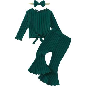 imageKucnuzki Baby Girl Clothes Toddler Clothes Long Sleeve Plain Shirts Top Bell Bottoms Flare Pants Infant Girl Fall OutfitDark Green