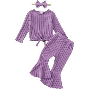 imageKucnuzki Baby Girl Clothes Toddler Clothes Long Sleeve Plain Shirts Top Bell Bottoms Flare Pants Infant Girl Fall OutfitPurple