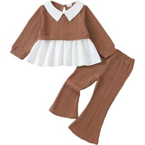 imageKucnuzki Toddler Baby Girl Clothes Outfit Long Sleeve Blouse Polo Shirt Top Flare Leggings Pants Two Piece Outfits SetBrown