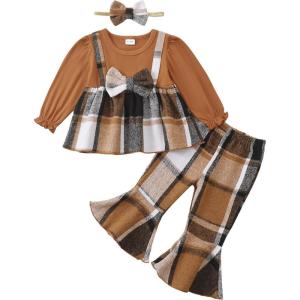 imageKucnuzki Toddler Baby Girl Clothes Outfit Long Sleeve Blouse Polo Shirt Top Flare Leggings Pants Two Piece Outfits SetBrown Bow