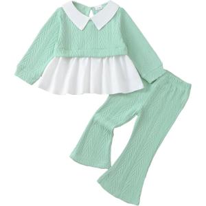 imageKucnuzki Toddler Baby Girl Clothes Outfit Long Sleeve Blouse Polo Shirt Top Flare Leggings Pants Two Piece Outfits SetGreen