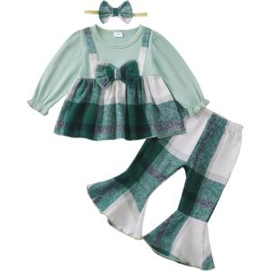 imageKucnuzki Toddler Baby Girl Clothes Outfit Long Sleeve Blouse Polo Shirt Top Flare Leggings Pants Two Piece Outfits SetGreen Bow