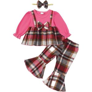 imageKucnuzki Toddler Baby Girl Clothes Outfit Long Sleeve Blouse Polo Shirt Top Flare Leggings Pants Two Piece Outfits SetHot Pink Bow
