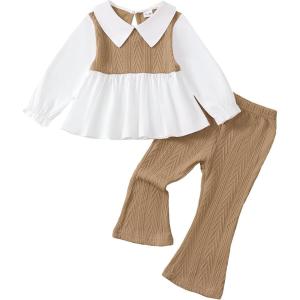 imageKucnuzki Toddler Baby Girl Clothes Outfit Long Sleeve Blouse Polo Shirt Top Flare Leggings Pants Two Piece Outfits SetKhaki