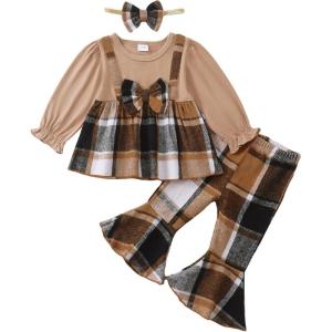 imageKucnuzki Toddler Baby Girl Clothes Outfit Long Sleeve Blouse Polo Shirt Top Flare Leggings Pants Two Piece Outfits SetKhaki Bow