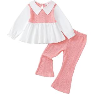 imageKucnuzki Toddler Baby Girl Clothes Outfit Long Sleeve Blouse Polo Shirt Top Flare Leggings Pants Two Piece Outfits SetPink