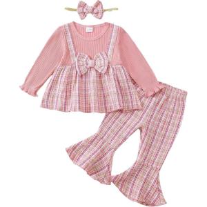 imageKucnuzki Toddler Baby Girl Clothes Outfit Long Sleeve Blouse Polo Shirt Top Flare Leggings Pants Two Piece Outfits SetPink Bow