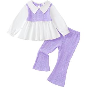 imageKucnuzki Toddler Baby Girl Clothes Outfit Long Sleeve Blouse Polo Shirt Top Flare Leggings Pants Two Piece Outfits SetPurple