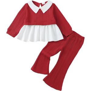 imageKucnuzki Toddler Baby Girl Clothes Outfit Long Sleeve Blouse Polo Shirt Top Flare Leggings Pants Two Piece Outfits SetRed