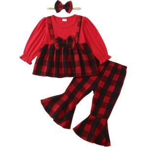 imageKucnuzki Toddler Baby Girl Clothes Outfit Long Sleeve Blouse Polo Shirt Top Flare Leggings Pants Two Piece Outfits SetRed Bow