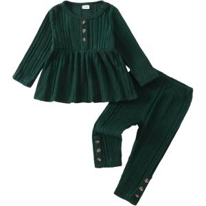 imageKucnuzki Toddler Baby Girl Clothes Outfit Long Sleeve Plain T Shirt Top Baby Girl Pants Leggings Two Piece Outfits SetGreen
