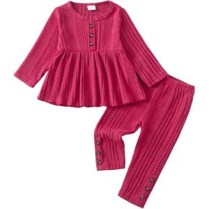 imageKucnuzki Toddler Baby Girl Clothes Outfit Long Sleeve Plain T Shirt Top Baby Girl Pants Leggings Two Piece Outfits SetHot Pink