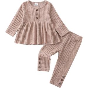 imageKucnuzki Toddler Baby Girl Clothes Outfit Long Sleeve Plain T Shirt Top Baby Girl Pants Leggings Two Piece Outfits SetKhaki