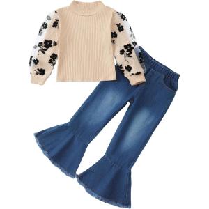 imageKucnuzki Toddler Girl Clothes Cute Kids Clothes Long Sleeve T Shirts Top Bell Bottom Denim Jeans Pants Matching OutfitsApricot