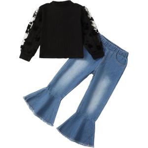 imageKucnuzki Toddler Girl Clothes Cute Kids Clothes Long Sleeve T Shirts Top Bell Bottom Denim Jeans Pants Matching OutfitsBlack