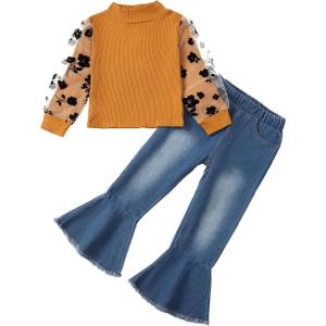imageKucnuzki Toddler Girl Clothes Cute Kids Clothes Long Sleeve T Shirts Top Bell Bottom Denim Jeans Pants Matching OutfitsBrown