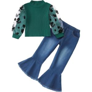 imageKucnuzki Toddler Girl Clothes Cute Kids Clothes Long Sleeve T Shirts Top Bell Bottom Denim Jeans Pants Matching OutfitsGreen