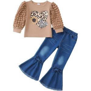 imageKucnuzki Toddler Girl Clothes Cute Kids Clothes Long Sleeve T Shirts Top Bell Bottom Denim Jeans Pants Matching OutfitsKhaki