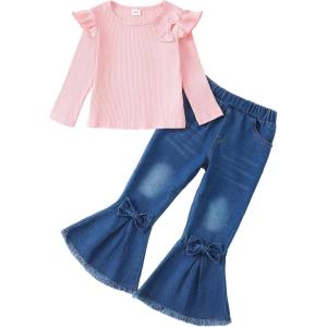 imageKucnuzki Toddler Girl Clothes Cute Kids Clothes Long Sleeve T Shirts Top Bell Bottom Denim Jeans Pants Matching OutfitsPink