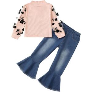 imageKucnuzki Toddler Girl Clothes Cute Kids Clothes Long Sleeve T Shirts Top Bell Bottom Denim Jeans Pants Matching OutfitsPinklace