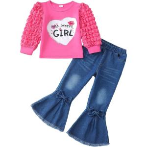 imageKucnuzki Toddler Girl Clothes Cute Kids Clothes Long Sleeve T Shirts Top Bell Bottom Denim Jeans Pants Matching OutfitsRose