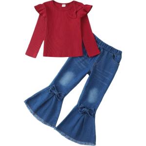 imageKucnuzki Toddler Girl Clothes Cute Kids Clothes Long Sleeve T Shirts Top Bell Bottom Denim Jeans Pants Matching OutfitsWine