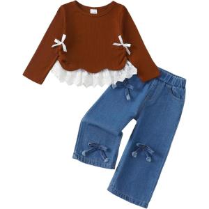 imageKucnuzki Toddler Kids Girl Clothes Long Sleeve Shirt Tops Baggy Jeans Cute Pants Set Baby Girl Outfit 2 Piece ClothingBrown