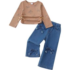 imageKucnuzki Toddler Kids Girl Clothes Long Sleeve Shirt Tops Baggy Jeans Cute Pants Set Baby Girl Outfit 2 Piece ClothingKhaki