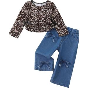 imageKucnuzki Toddler Kids Girl Clothes Long Sleeve Shirt Tops Baggy Jeans Cute Pants Set Baby Girl Outfit 2 Piece ClothingLeopard