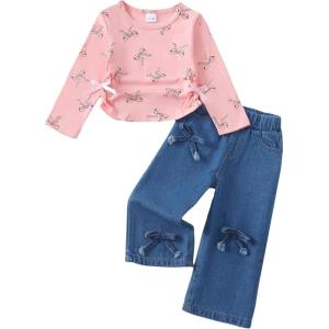 imageKucnuzki Toddler Kids Girl Clothes Long Sleeve Shirt Tops Baggy Jeans Cute Pants Set Baby Girl Outfit 2 Piece ClothingPink