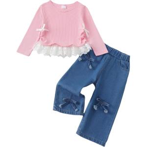 imageKucnuzki Toddler Kids Girl Clothes Long Sleeve Shirt Tops Baggy Jeans Cute Pants Set Baby Girl Outfit 2 Piece ClothingPink White