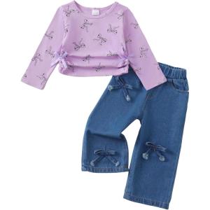 imageKucnuzki Toddler Kids Girl Clothes Long Sleeve Shirt Tops Baggy Jeans Cute Pants Set Baby Girl Outfit 2 Piece ClothingPurple