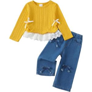 imageKucnuzki Toddler Kids Girl Clothes Long Sleeve Shirt Tops Baggy Jeans Cute Pants Set Baby Girl Outfit 2 Piece ClothingYellow