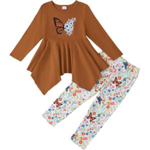 imageKucnuzki toddler cute girl winter clothes long sleeve tops graphic t shirt soft leggings pants 2 piece set fall outfitsBrown