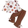 imageKucnuzki Toddler Baby Girl Clothes Outfit Long Sleeve Ruffle T Shirt Top Bell Bottom Pants Two Piece Fall Winter OutfitsBrown Printed