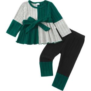 imageKucnuzki Toddler Baby Girl Clothe Long Sleeve Shirt Sweatshirt Leggings 2 Piece Kids Baby Girl Fall Outfit Winter ClotheGreen Gray