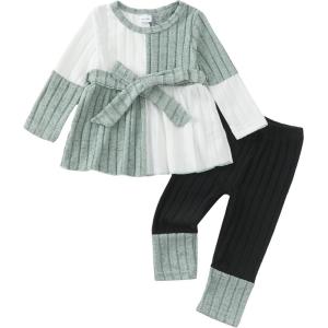 imageKucnuzki Toddler Baby Girl Clothe Long Sleeve Shirt Sweatshirt Leggings 2 Piece Kids Baby Girl Fall Outfit Winter ClotheGreen White