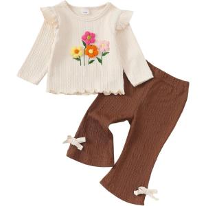 imageKucnuzki Toddler Baby Girl Clothes Outfit Long Sleeve Ruffle T Shirt Top Bell Bottom Pants Two Piece Fall Winter OutfitsBrown
