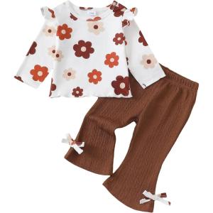 imageKucnuzki Toddler Baby Girl Clothes Outfit Long Sleeve Ruffle T Shirt Top Bell Bottom Pants Two Piece Fall Winter OutfitsBrown Printed