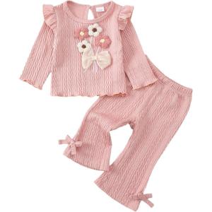 imageKucnuzki Toddler Baby Girl Clothes Outfit Long Sleeve Ruffle T Shirt Top Bell Bottom Pants Two Piece Fall Winter OutfitsPink