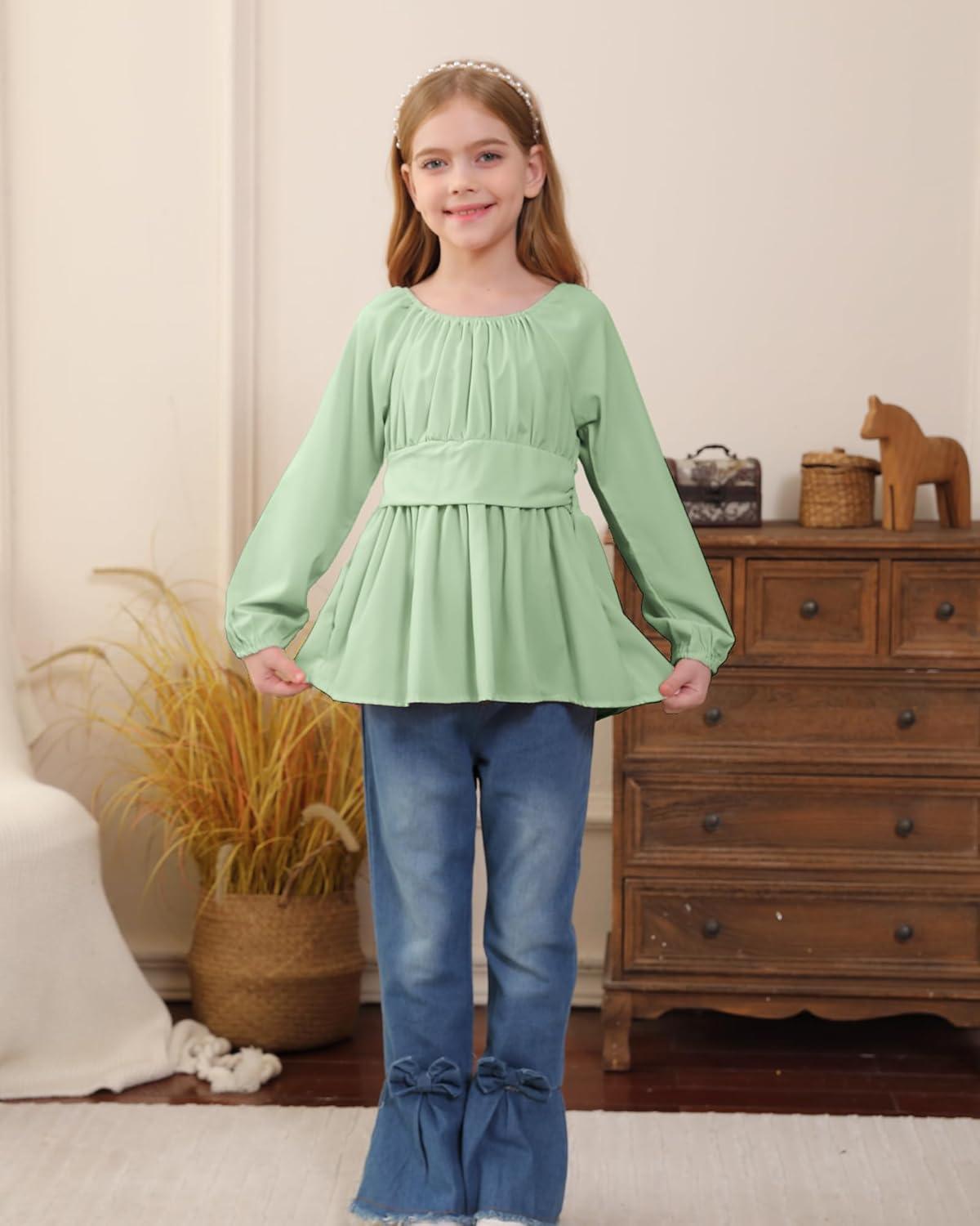 imageKucnuzki Todder Baby Girl Clothes Long Sleeve Shirts Top Denim Bell Bottom Jeans 2 Piece Fall Winter Girl Outfits SetLight Green