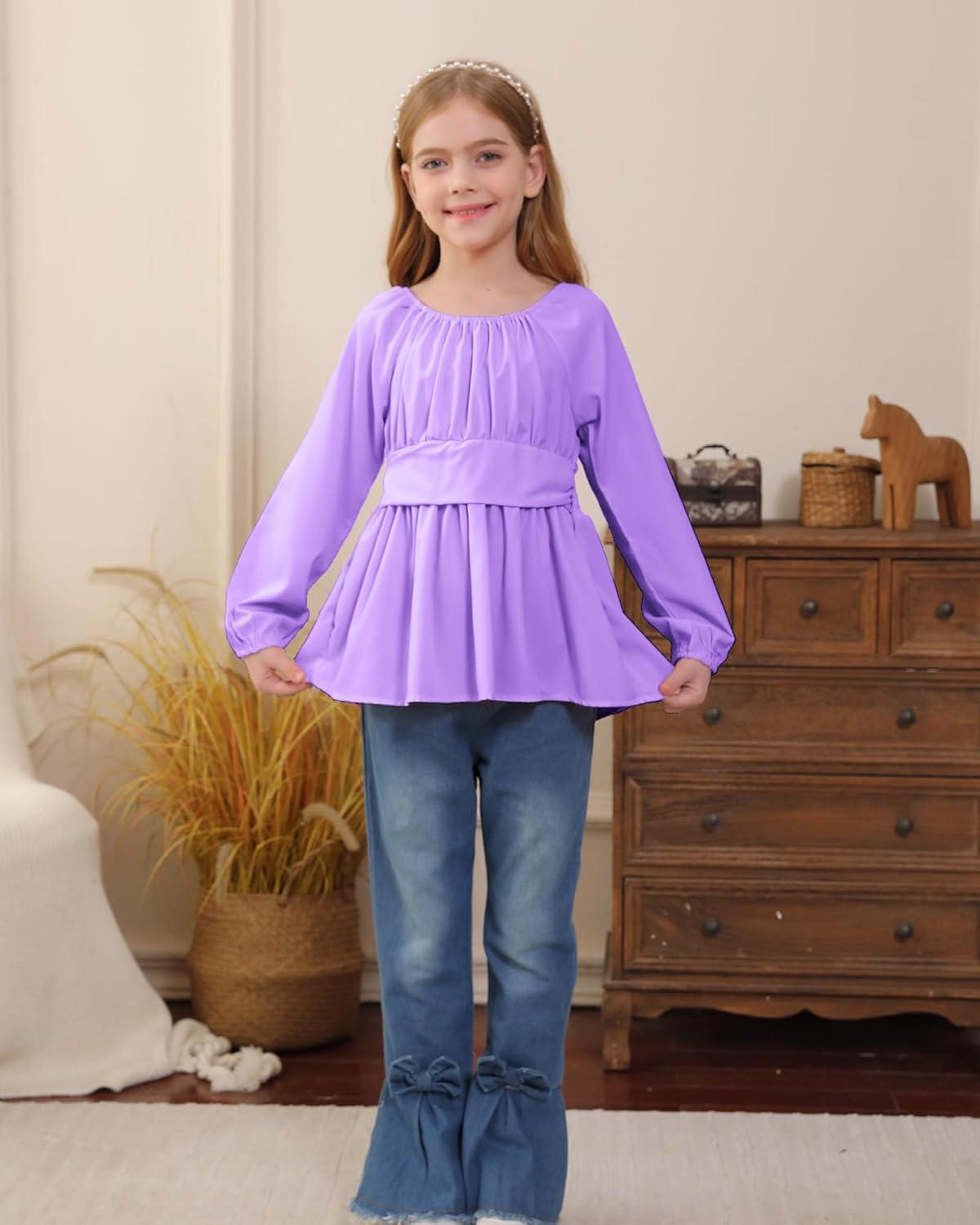 imageKucnuzki Todder Baby Girl Clothes Long Sleeve Shirts Top Denim Bell Bottom Jeans 2 Piece Fall Winter Girl Outfits SetPurple