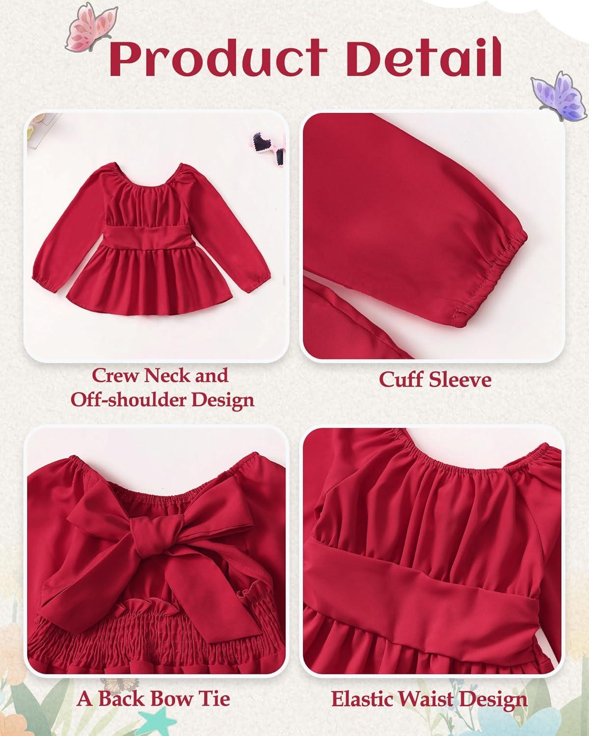 imageKucnuzki Todder Baby Girl Clothes Long Sleeve Shirts Top Denim Bell Bottom Jeans 2 Piece Fall Winter Girl Outfits SetRed