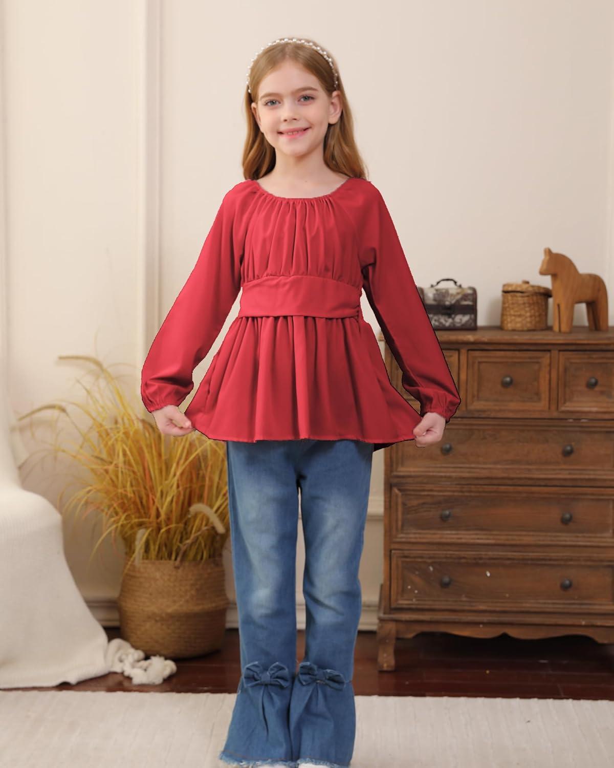 imageKucnuzki Todder Baby Girl Clothes Long Sleeve Shirts Top Denim Bell Bottom Jeans 2 Piece Fall Winter Girl Outfits SetRed