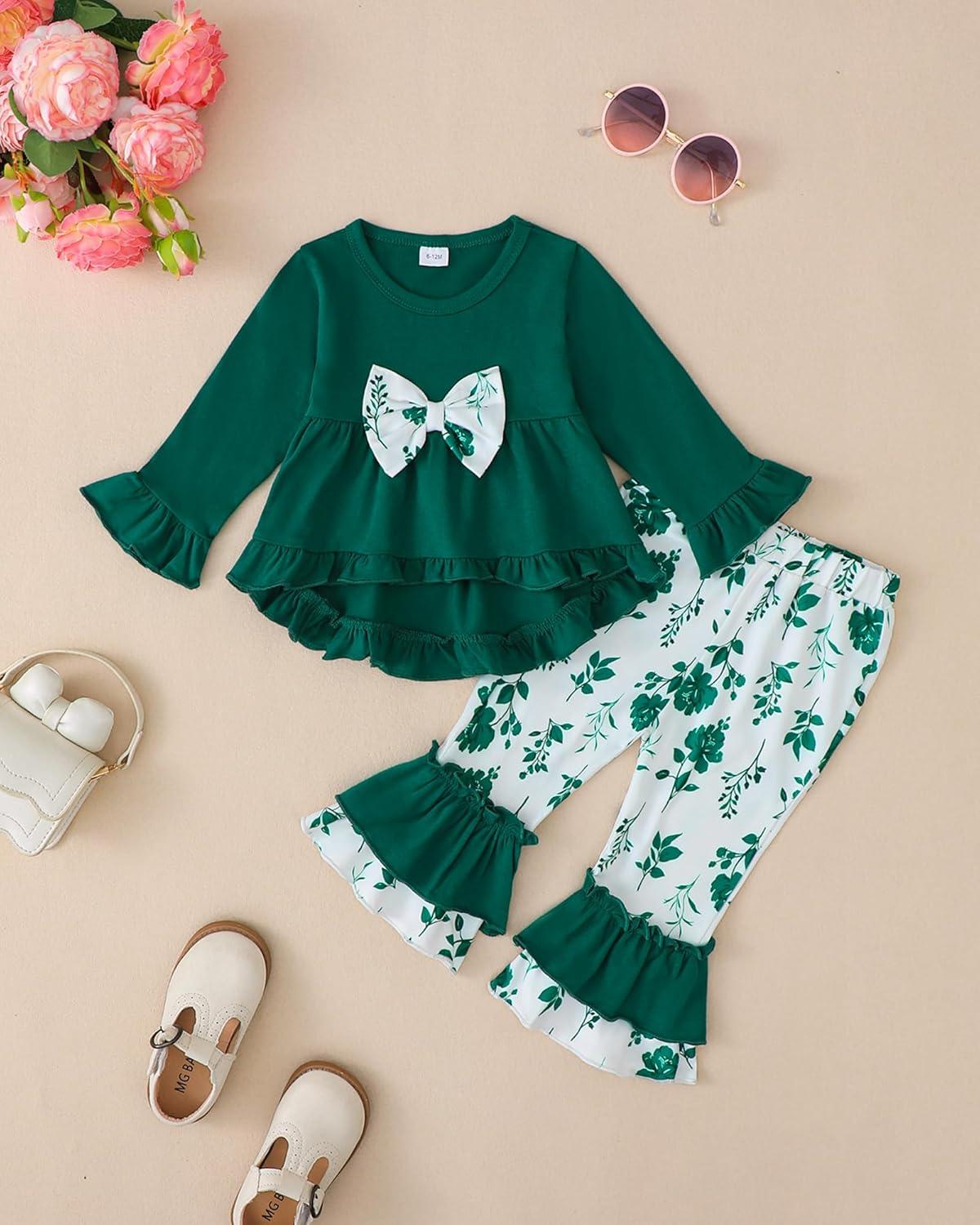 imageKucnuzki Toddler Baby Girl Clothes Long Sleeve Shirt Ruffle Soft Tops Bell Bottom Long Pants Fall Winter 2 Piece OutfitsDark Green