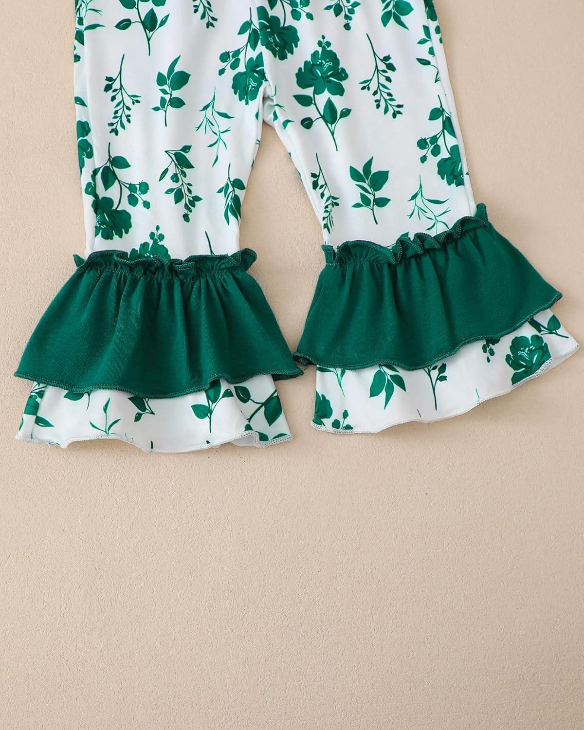 imageKucnuzki Toddler Baby Girl Clothes Long Sleeve Shirt Ruffle Soft Tops Bell Bottom Long Pants Fall Winter 2 Piece OutfitsDark Green