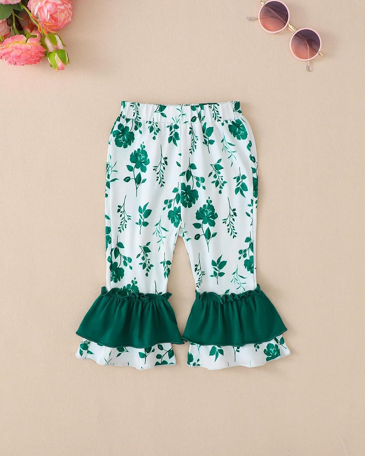 imageKucnuzki Toddler Baby Girl Clothes Long Sleeve Shirt Ruffle Soft Tops Bell Bottom Long Pants Fall Winter 2 Piece OutfitsDark Green