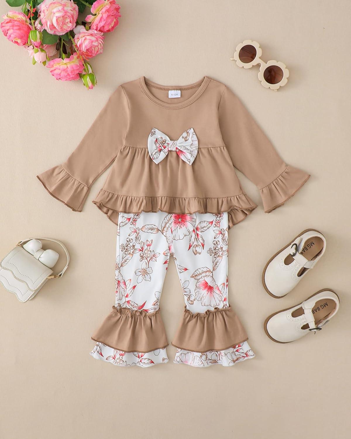 imageKucnuzki Toddler Baby Girl Clothes Long Sleeve Shirt Ruffle Soft Tops Bell Bottom Long Pants Fall Winter 2 Piece OutfitsLight Brown