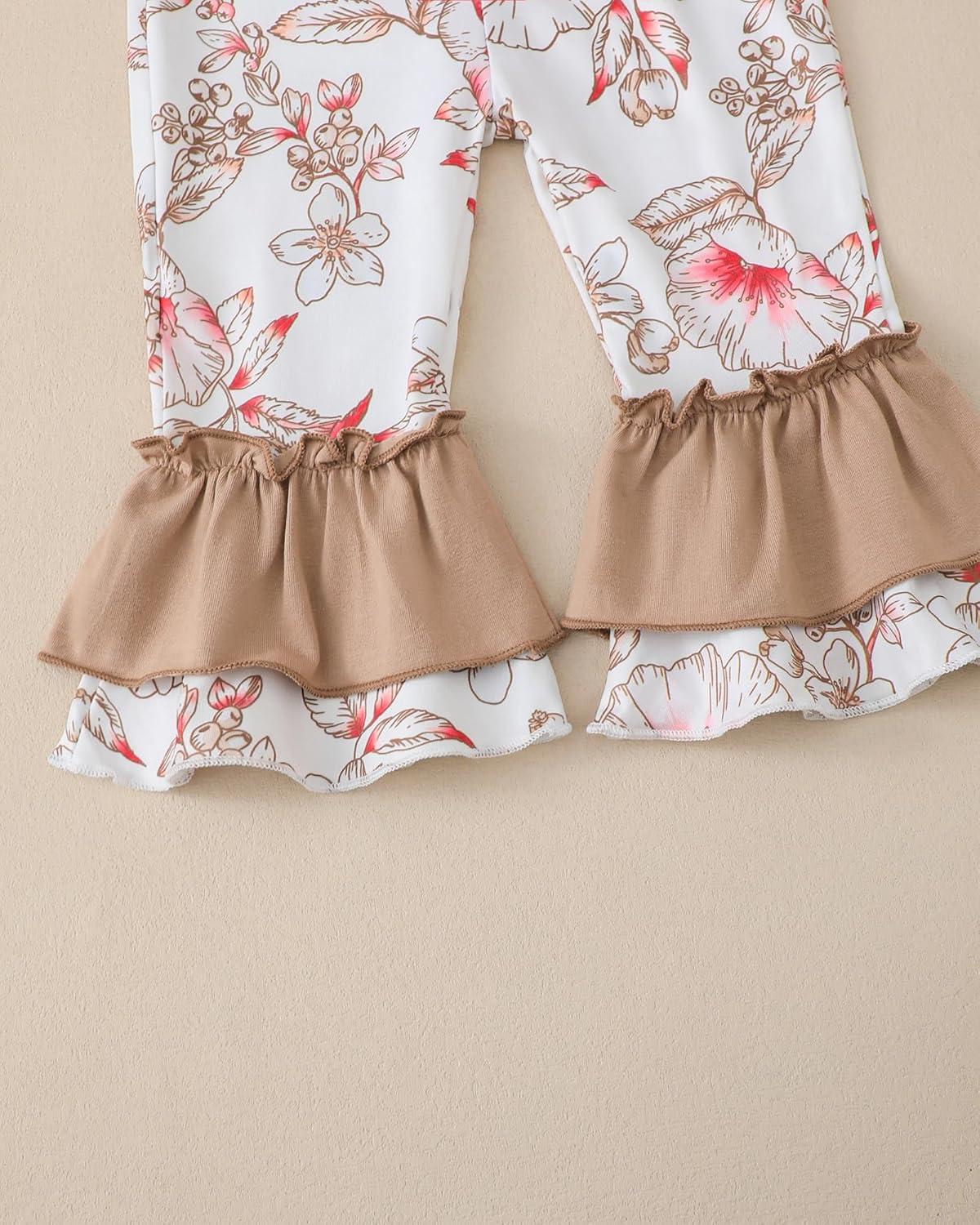 imageKucnuzki Toddler Baby Girl Clothes Long Sleeve Shirt Ruffle Soft Tops Bell Bottom Long Pants Fall Winter 2 Piece OutfitsLight Brown