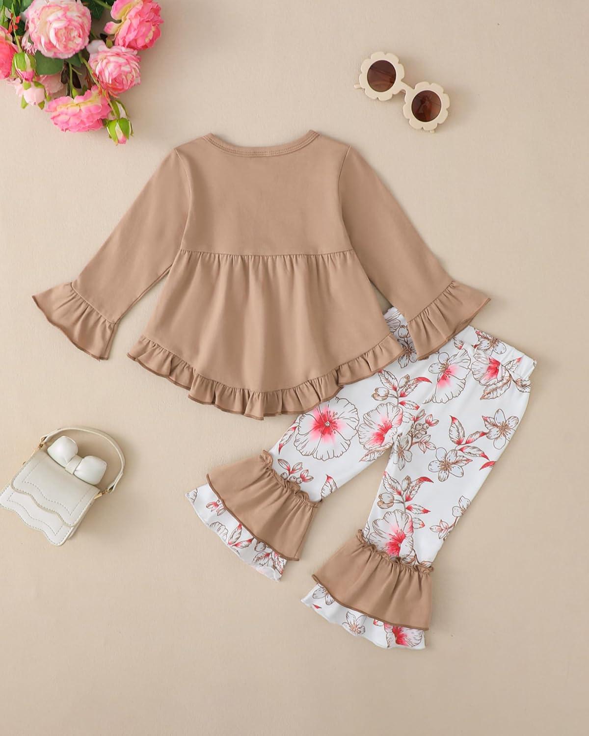 imageKucnuzki Toddler Baby Girl Clothes Long Sleeve Shirt Ruffle Soft Tops Bell Bottom Long Pants Fall Winter 2 Piece OutfitsLight Brown